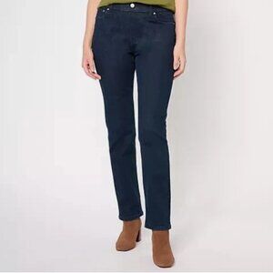Denim & Co. Perfect Flex Straight Leg Pull-On Jeans-Dark Wash-Reg 4-NEW-A618656